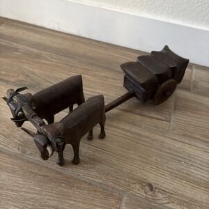 Vintage Hand Carved Pair Of Oxen Pulling a Wagon Wooden - See Notes